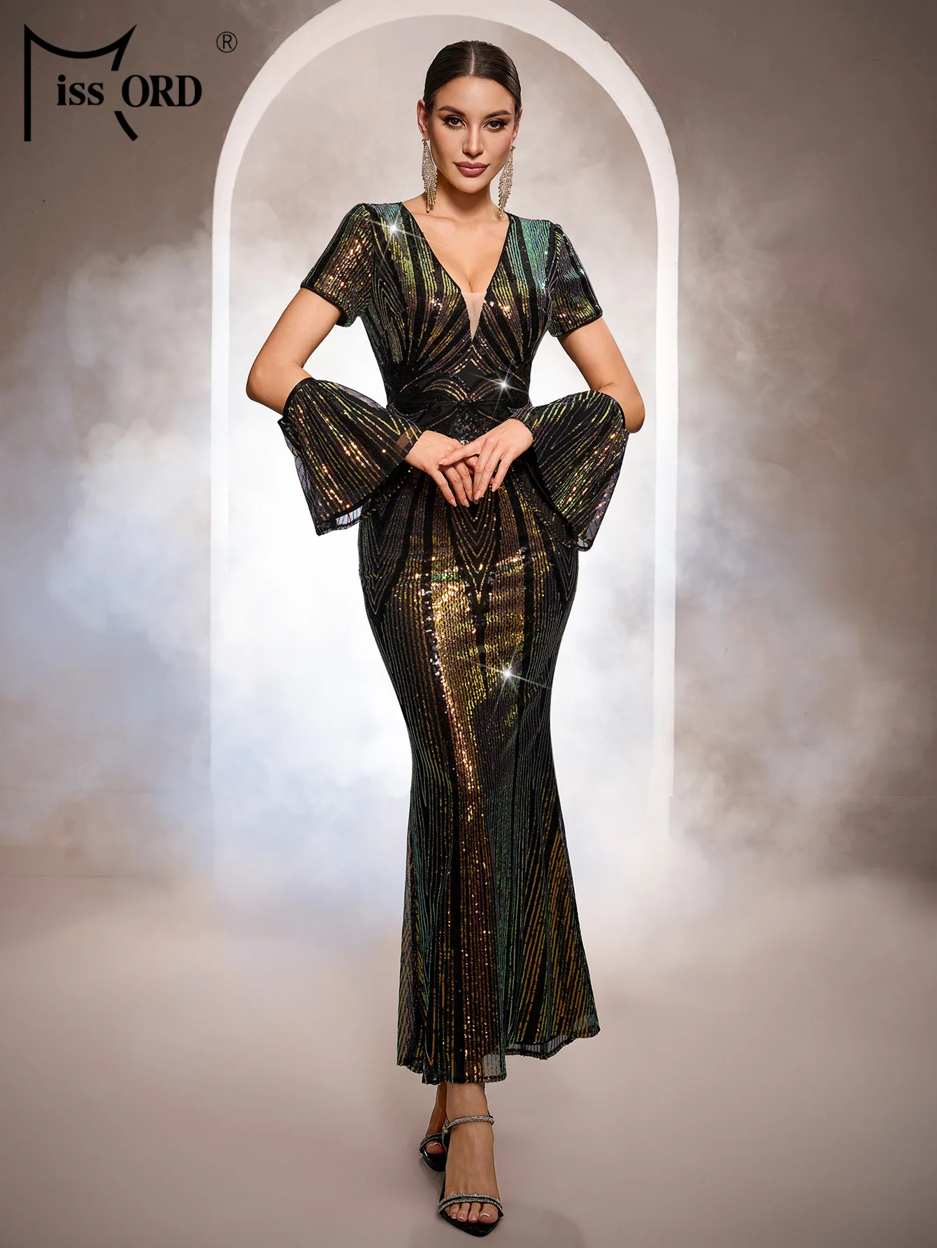 Missord New V Neck Short Sleeved Sequin Mermaid Wedding Birthday Party Formal Occasion High Quality Luxury Graduation Dresses