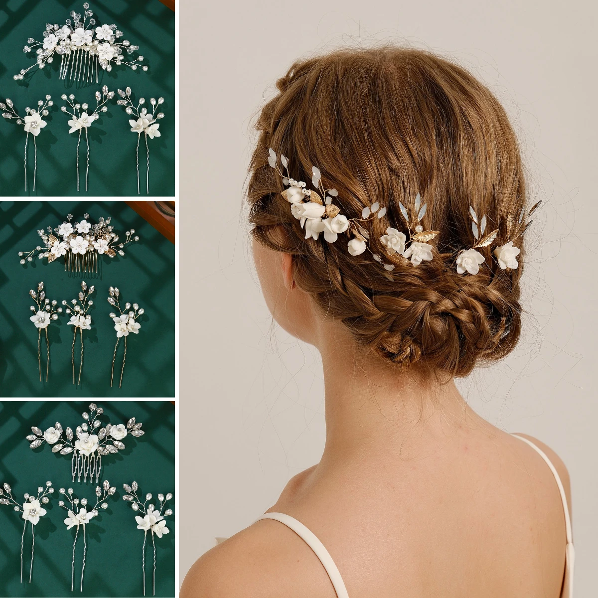 

4PCS White Ceramic Flower Hair Comb Stylish Versatile Side Bangs Hairpin Insert Comb Festive Dress Jewelry Headpieces