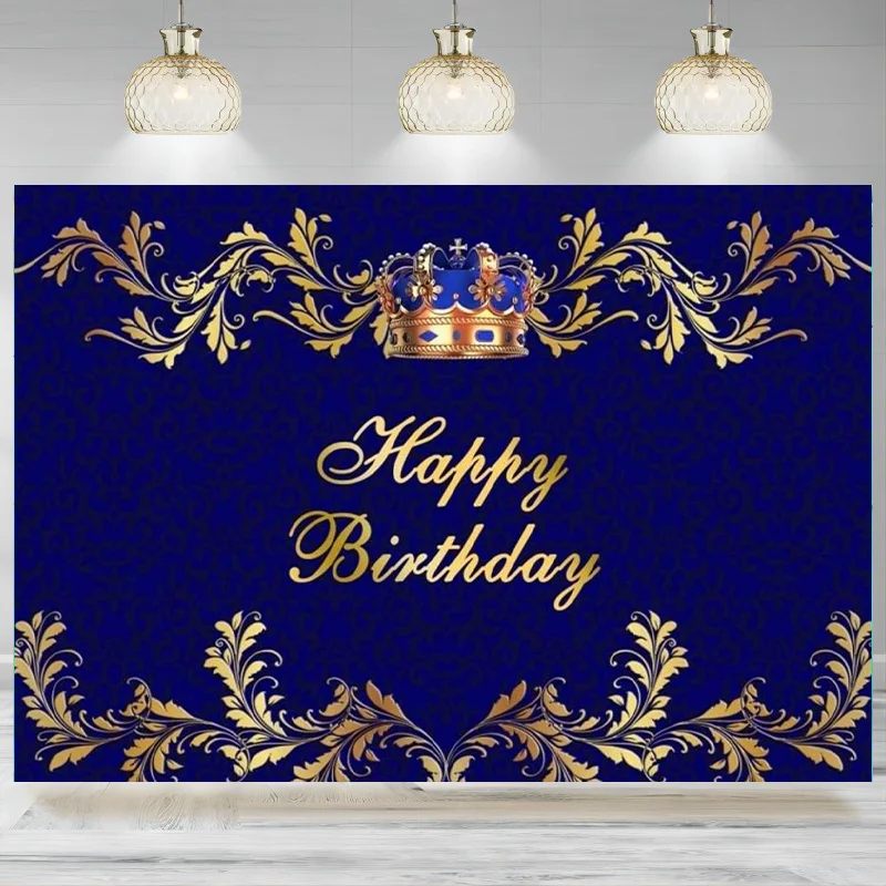 Birthday Backdrop Royal Dark Blue Golden Crown Photography Background Prince Men Banner Party King Crown Navy Blue Decoration