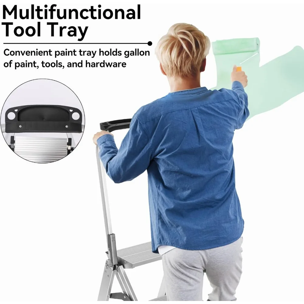 Escabeau Pro avec plate-forme à outils, tabouret pliant en aluminium à 3 marches avec pédale large antidérapante, pieds en caoutchouc, multi-léger