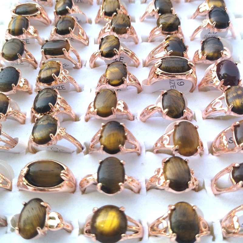 Rose Gold Plated Natural Tiger Eye Stone Rings 50pcs/lot Mixed Design For Women