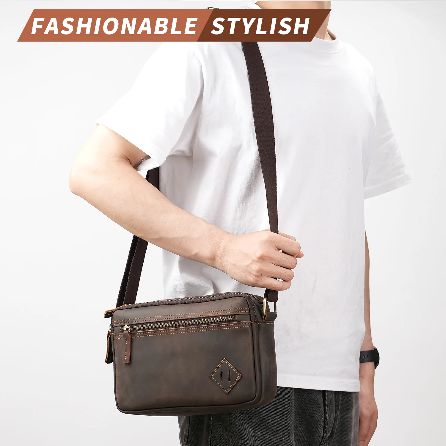 YATBEST Men's Shoulder Bag Leather Large Capacity Business Crossbody Bag Versatile Multi Pocket Zipper for Daily Commuting