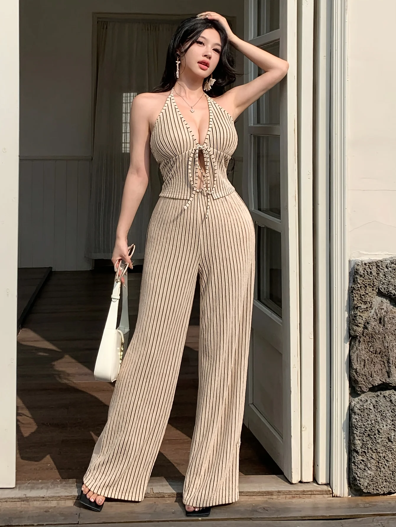 Vacation-Style Striped Two-Piece Set with Deep V-Neck Hollow out Waist-Cinching Top And Floor-Length Wide Leg Pants