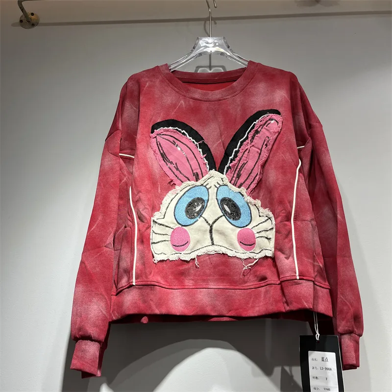 2025, Herbst, neue kurze Y2k-Kapuzenpullover, Rundhalsausschnitt, lange Ärmel, Farbverlaufsblock, Cartoon-Muster, lockeres, vielseitiges Sweatshirt