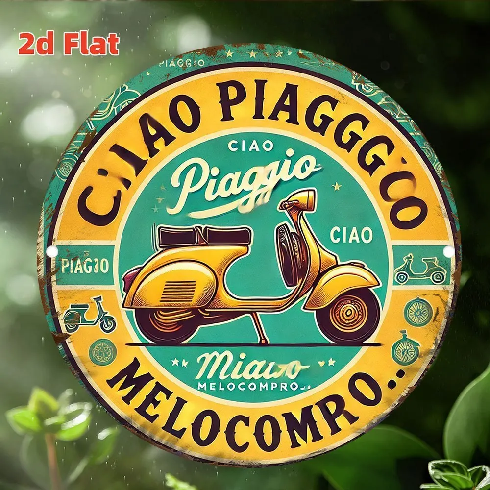 2D Flat - Vintage Ciao Piaggio Metal Wall Sign - 20.32cm Round, Waterproof & Dustproof, Classic Italian Scooter Design with 