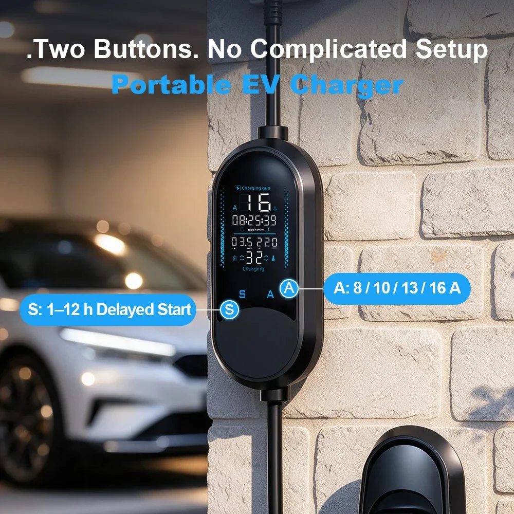 Portable EV Charger Type 2 3.5kW 16A, 5m Charging Cable with Schuko Plug, Adjustable 8/10/13/16A, 1-12h Delayed Start, YZBZ T8