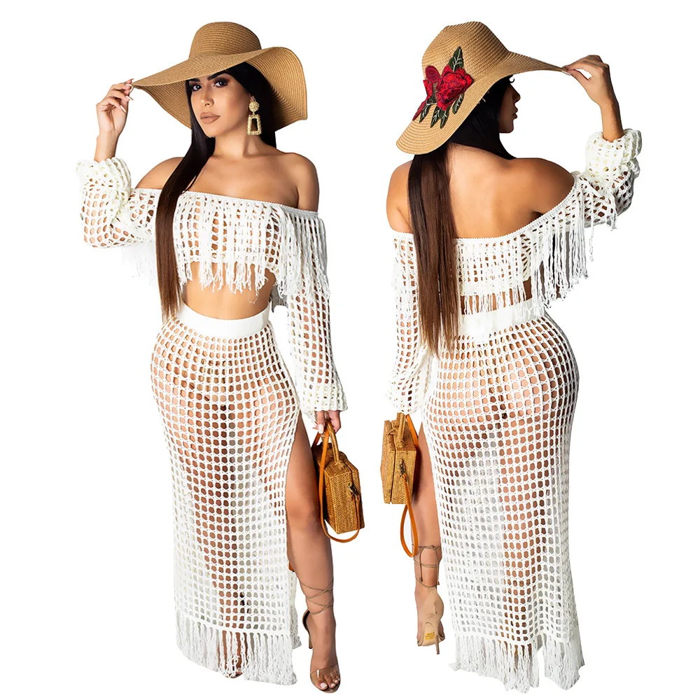 Sexy Bikini Cover-ups Set See-through Long Sleeve Crop Tops Floor-length Skirt Two Piece Swimwear Beach Women Suit