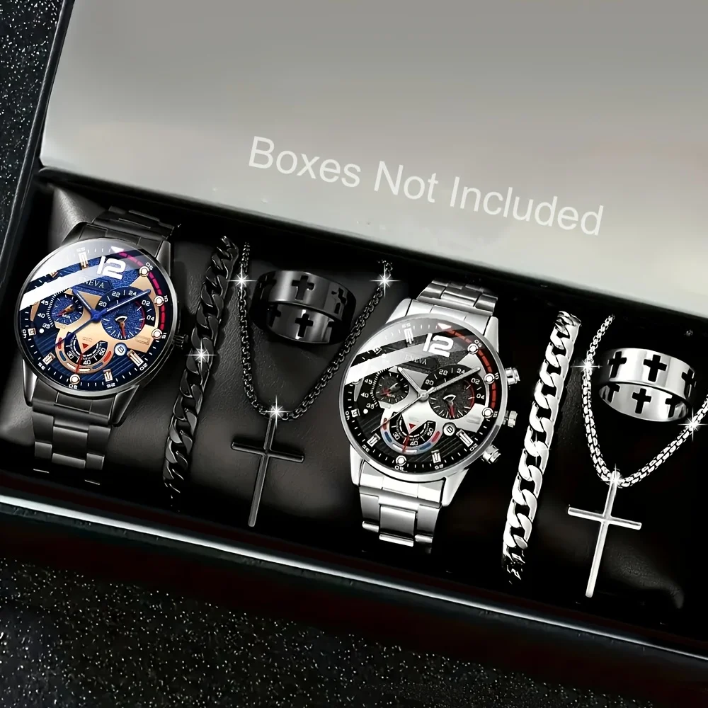 8-piece men's quartz watch set, featuring a black circular dial, bracelet, necklace, and ring