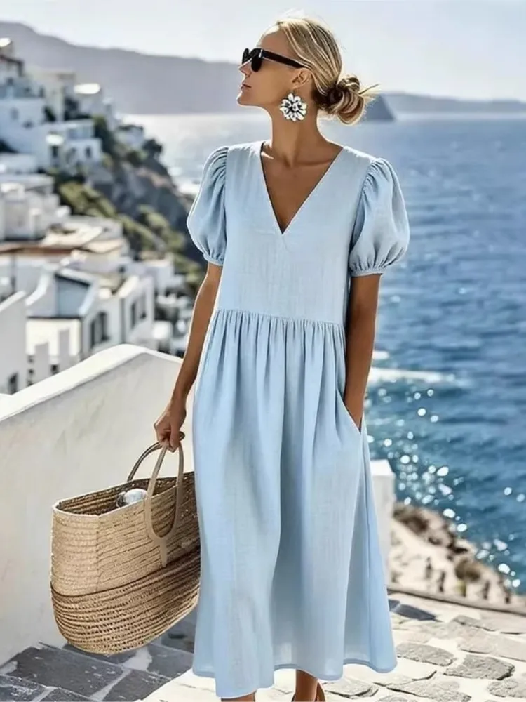 New Dresses For Woman Strappy Elegant dress Short Sleeves Solid Color Simple Style Vestidos All-match Temperament Trendy Casual