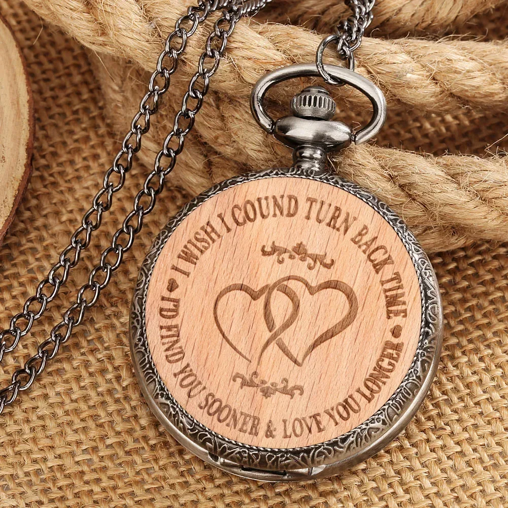 

Little Cute Heart Pattern Pocket Watch Wooden Quartz Clock Necklace Pendant Chain Watches Souvenirs Timepiece Gifts for Lovers