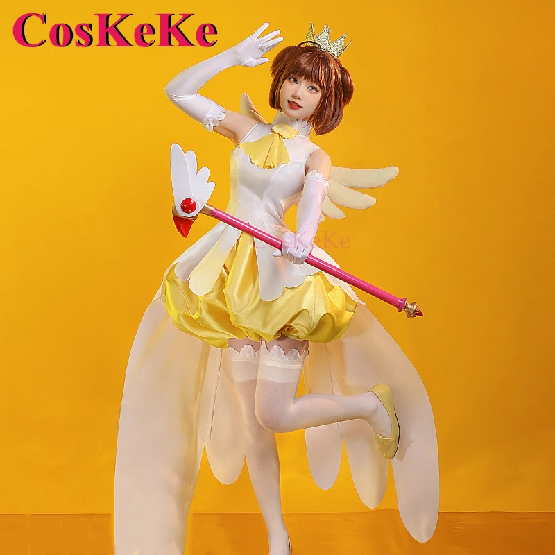 

CosKeKe Kinomoto Sakura Cosplay Anime Cardcaptor Sakura Costume Elegant Yellow And White Combat Uniform Party Role Play Clothing