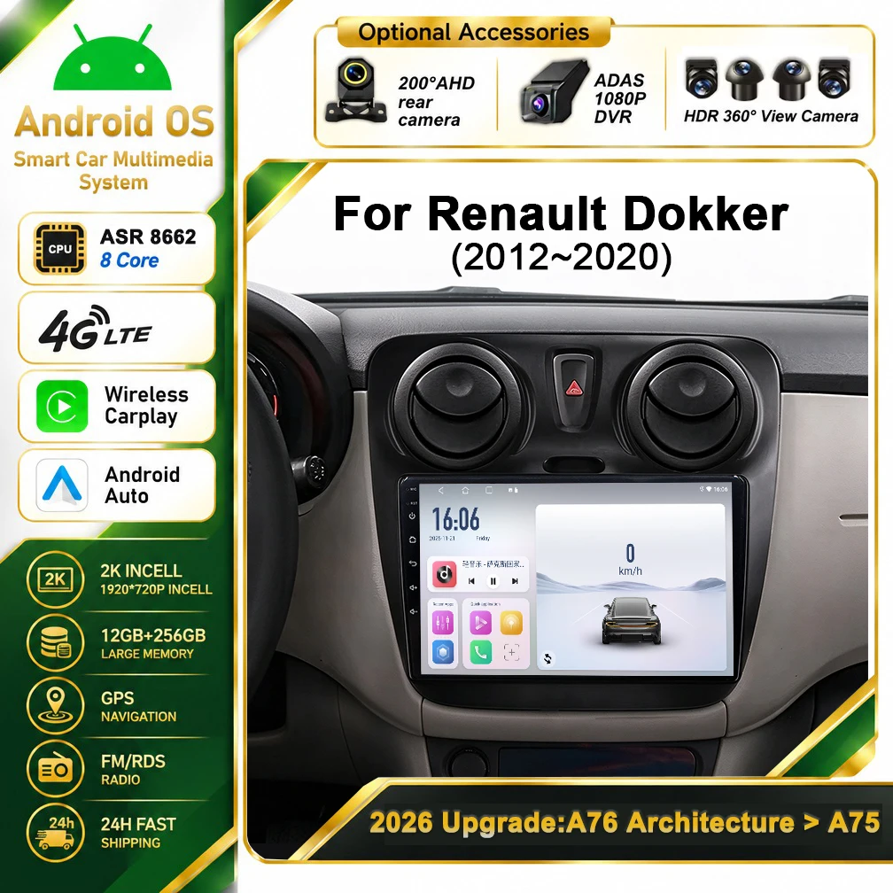 Cortex-A76 Octa-Core Car Android 16 For Renault Dokker Lodgy Dacia 2012 - 2020 Stereo Head Unit Multimedia Player Android Radio