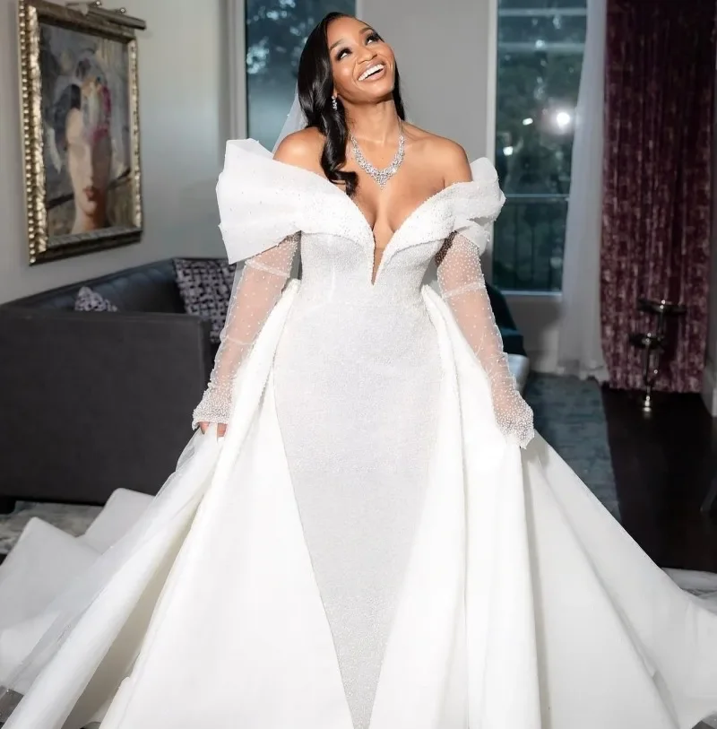 

Customized Exquisite Detachable Train Mermaid Wedding Dresses Off Shoulder African Bridal Gowns Long Sleeves Vestidos De Novia