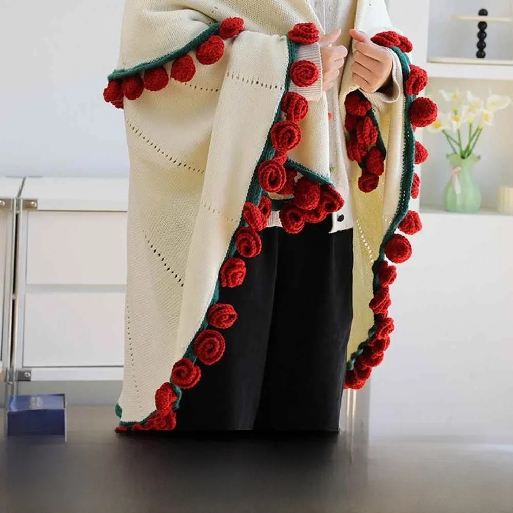 Handcrafted Rose Bouquet Blanket Office Nap Time Cozy Wool Ball Gift for Best Friend All Seasons  Color Bedding Blanket