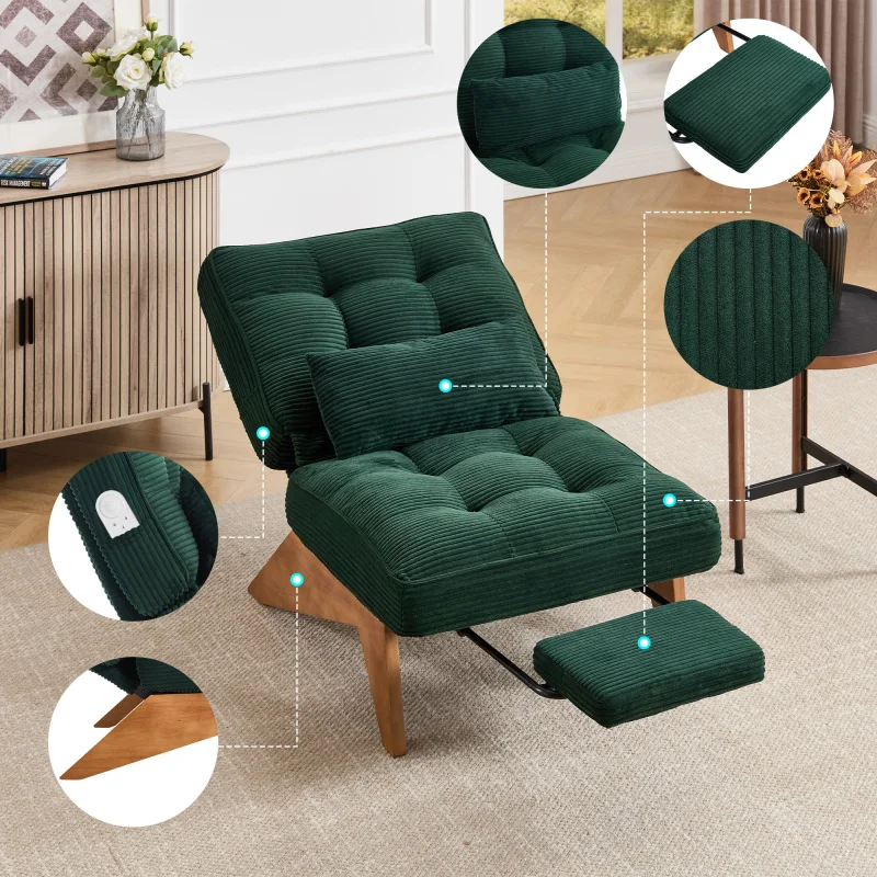 Moderner, verstellbarer, rückenfreier Loungesessel aus Stoff mit Fußstütze, Lendenkissen und Holzbeinen für Wohnzimmer/Schlafzimmer/Arbeitszimmer (dunkelgrüner Cord)