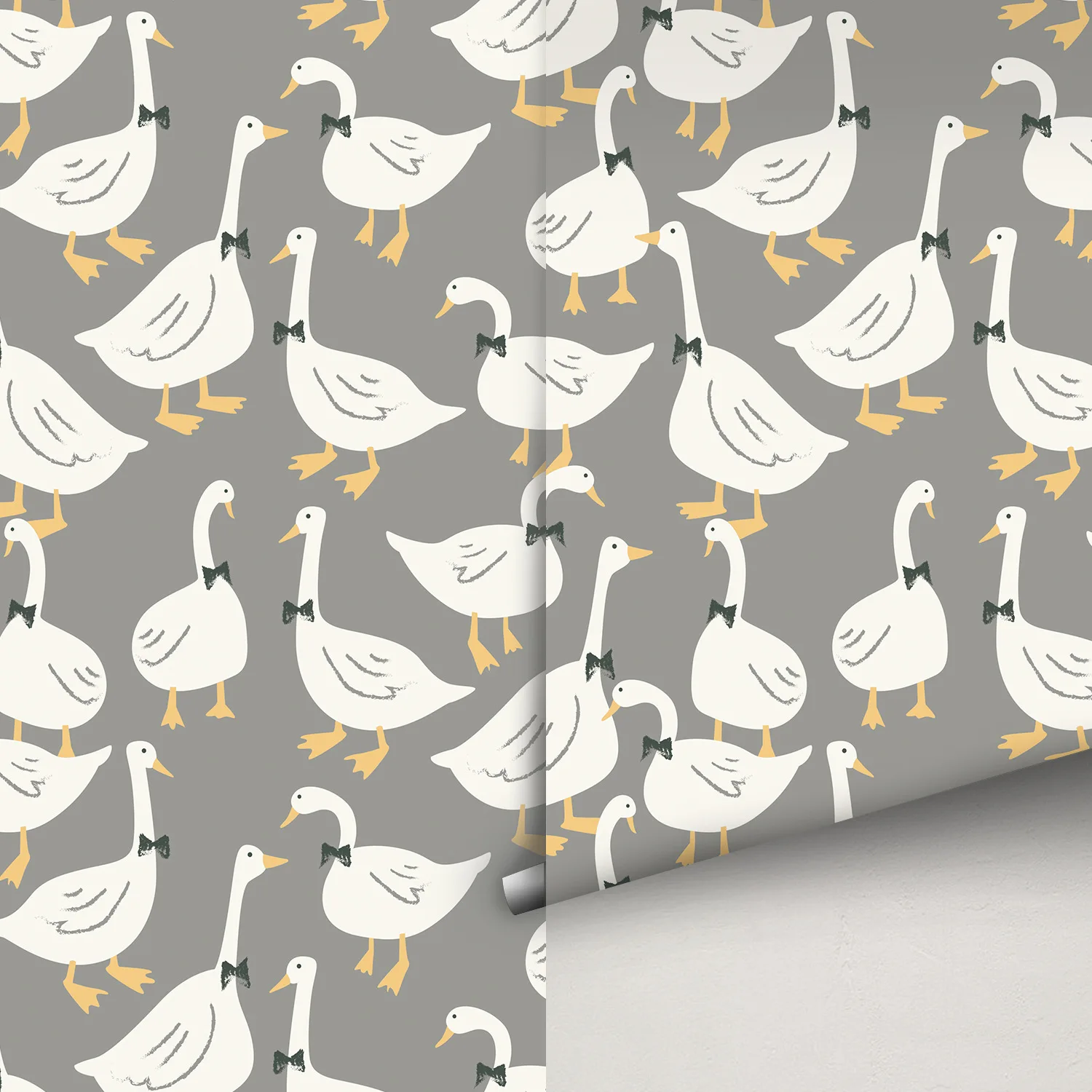 Farmhouse Wallpaper Stick and Peel Vintage White Goose with Bow Tie Print Wall Paper for Kids Room Waterproof Contact Paper