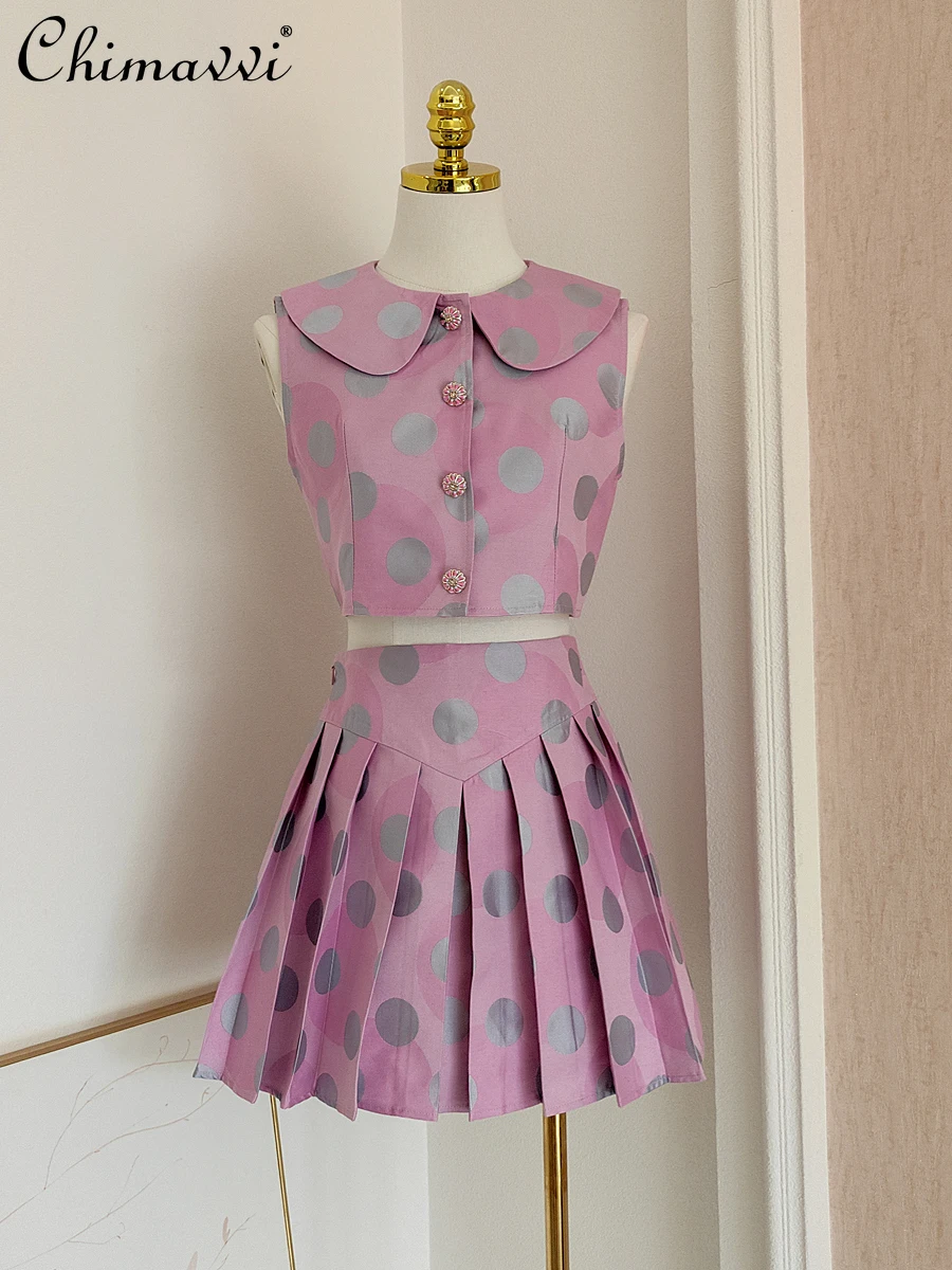 

2025 Summer Skirts Set Doll Collar Sleeveless Dot Print Single-breasted Top High Waist Pleated Mini Skirt Two-piece Set Women