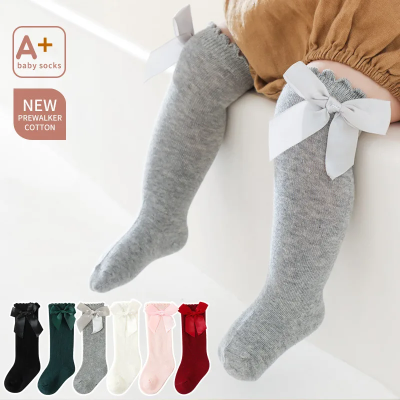 Baby Kids Socks Toddlers Girls Big Bowknot Knee High Soft Spring Autumn 100% Cotton Lace Children Tube Sock Calcetines