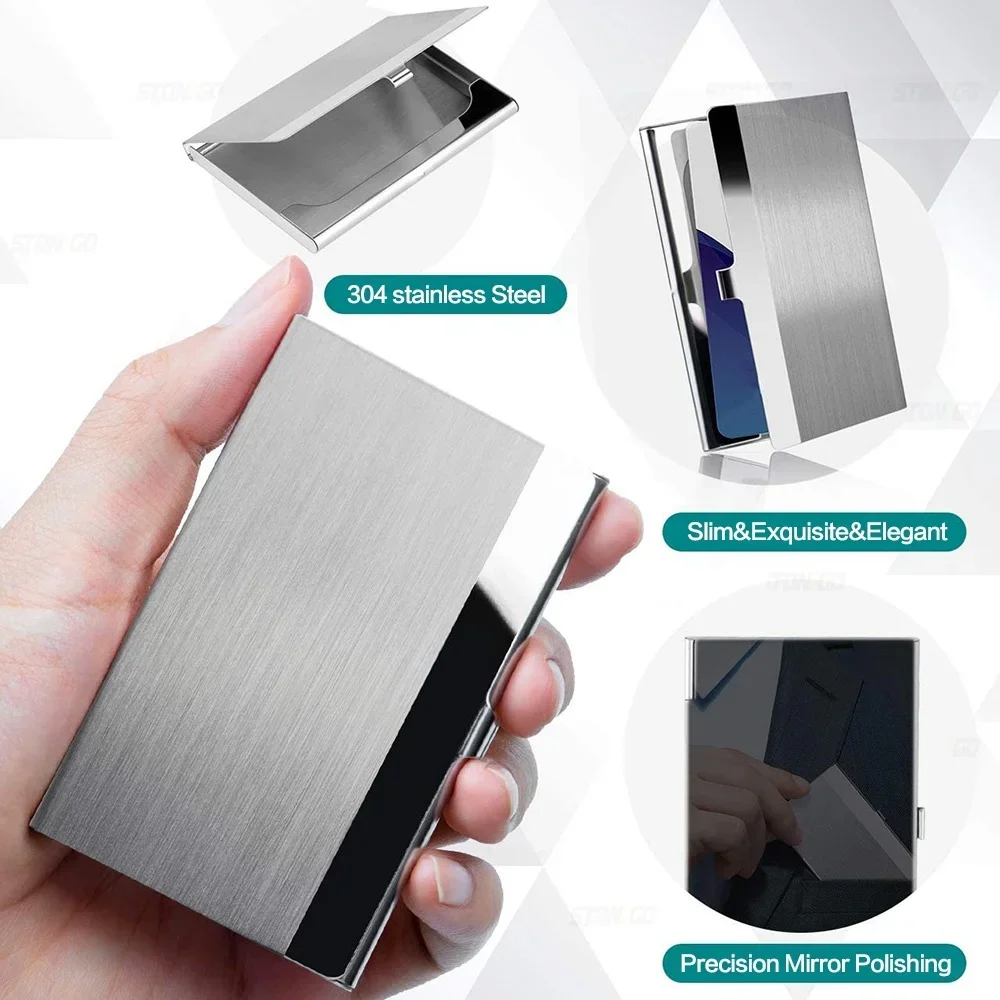 Premium Ultra thin Stainless Steel Business Card Holder - Silver Metal Pocket Case for Men and Women Simple Design Wallet