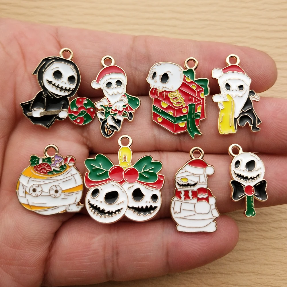 10pcs Halloween Skull Charm Jewelry Accessories Enamel Necklace Earring Pendant Diy Making Supplies Alloy Metal Gold Plated