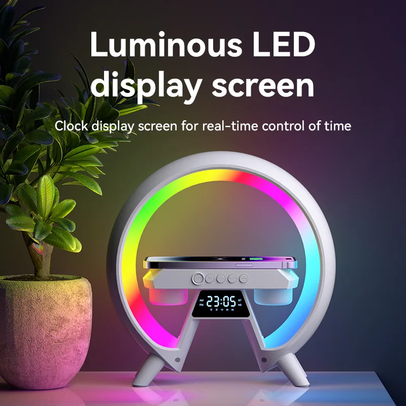 Multifunctional Wireless Charger Base Bluetooth Speaker RGB Night Light Alarm Clock TF/U Disk Speaker for iPhone Xiaomi Huawei