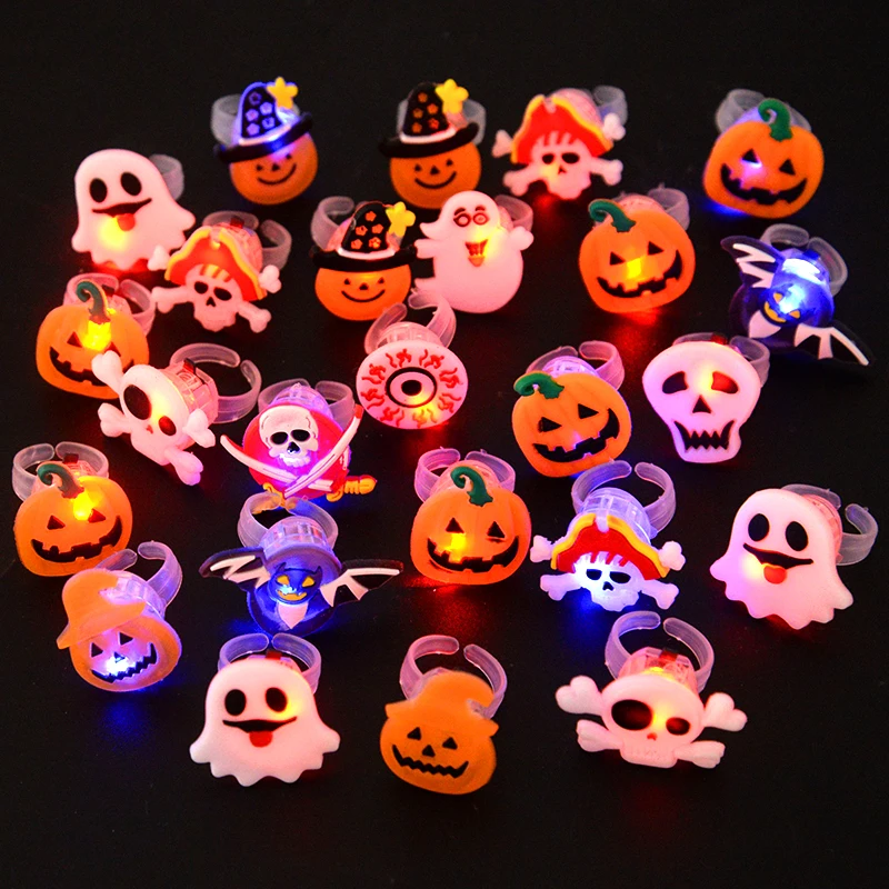 

10pcs LED Light Halloween Ring Glowing Pumpkin Ghost Skull Bat Rings Horror Props Halloween Party Decoration for Home Kids Gifts