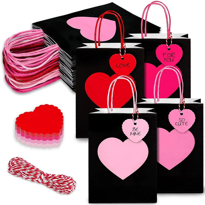 12/10 Pcs Red Heart Gift Bag With Tag Valentine's Day Candy Cookie Packaging Kraft Paper Bags Wedding Party Favors For Guests