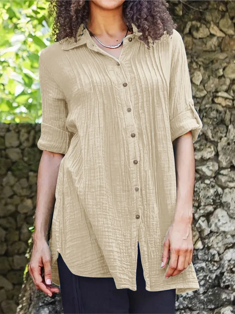 

New Single-breasted Pleated Cotton Shirt For Women Fashion Elegant Causal Button Black Party Holiday Womens Tops And Blouses