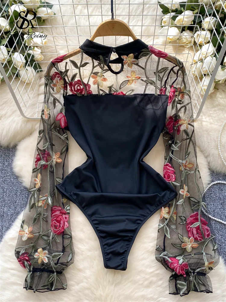 SINGREINY Vintage Embroidery Gauze Sexy Bodysuits Stand Collar Long Sleeve Playsuits Fashion Spliced Women Open crotch Rompers - Image 4