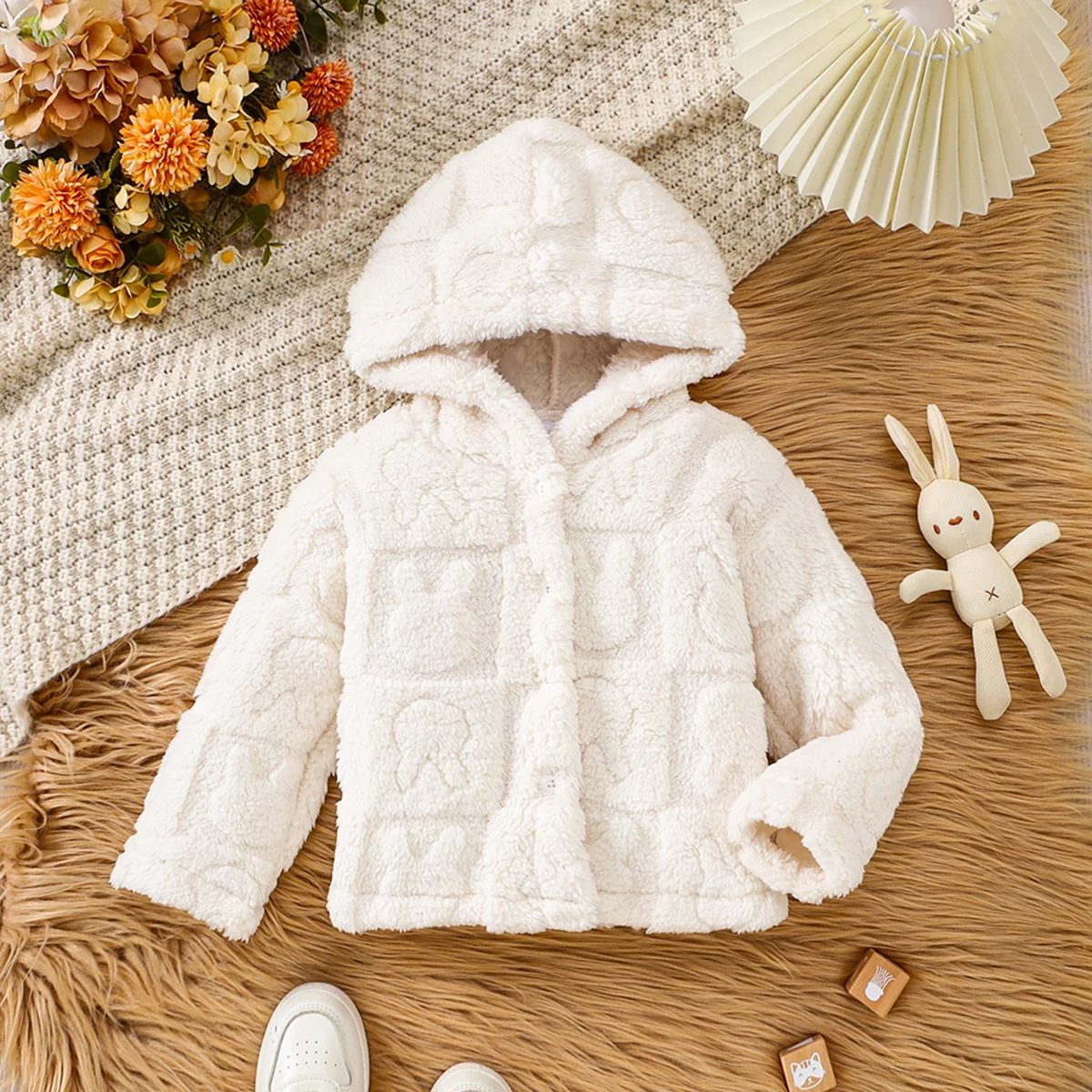 Toddler Baby Hooded Fleece Coat 6M-3Y Cute Embossed Plush Jacket Button Warm Outerwear for Boys Girls Autumn Winter