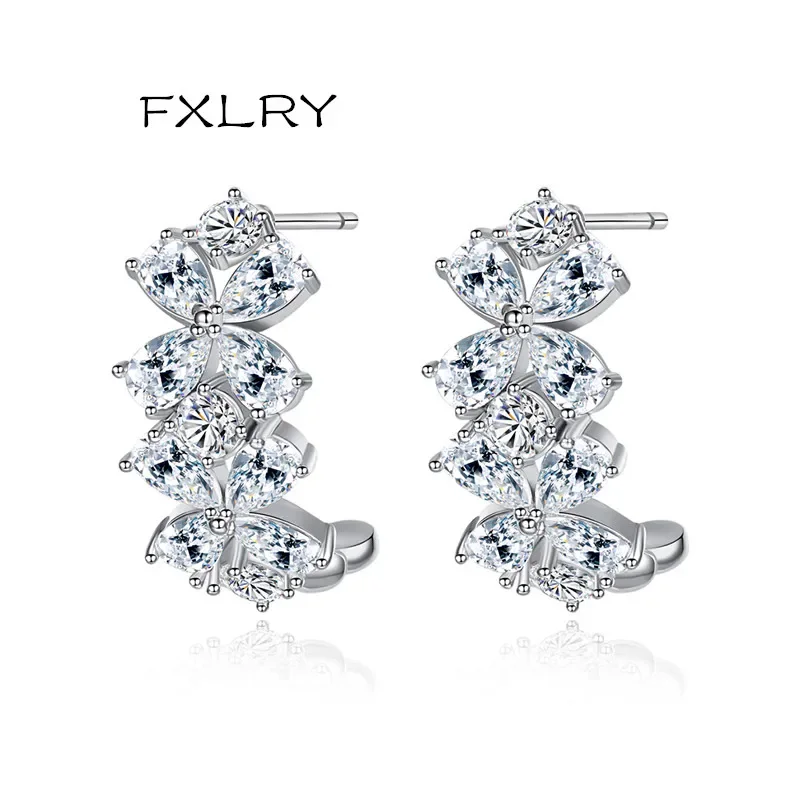 FXLRY Luxury White/Gold Color Micro Inlay Zircon Fashion Exquisite Semi-annular Stud Earrings for Women Party Gift