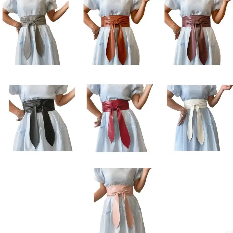 

652F Waist Belt Belt Knotted Tie Wrap Belt for Wrap Dress Halter Dress Wide Cinches Belt Soft PU Tie Up for Girls