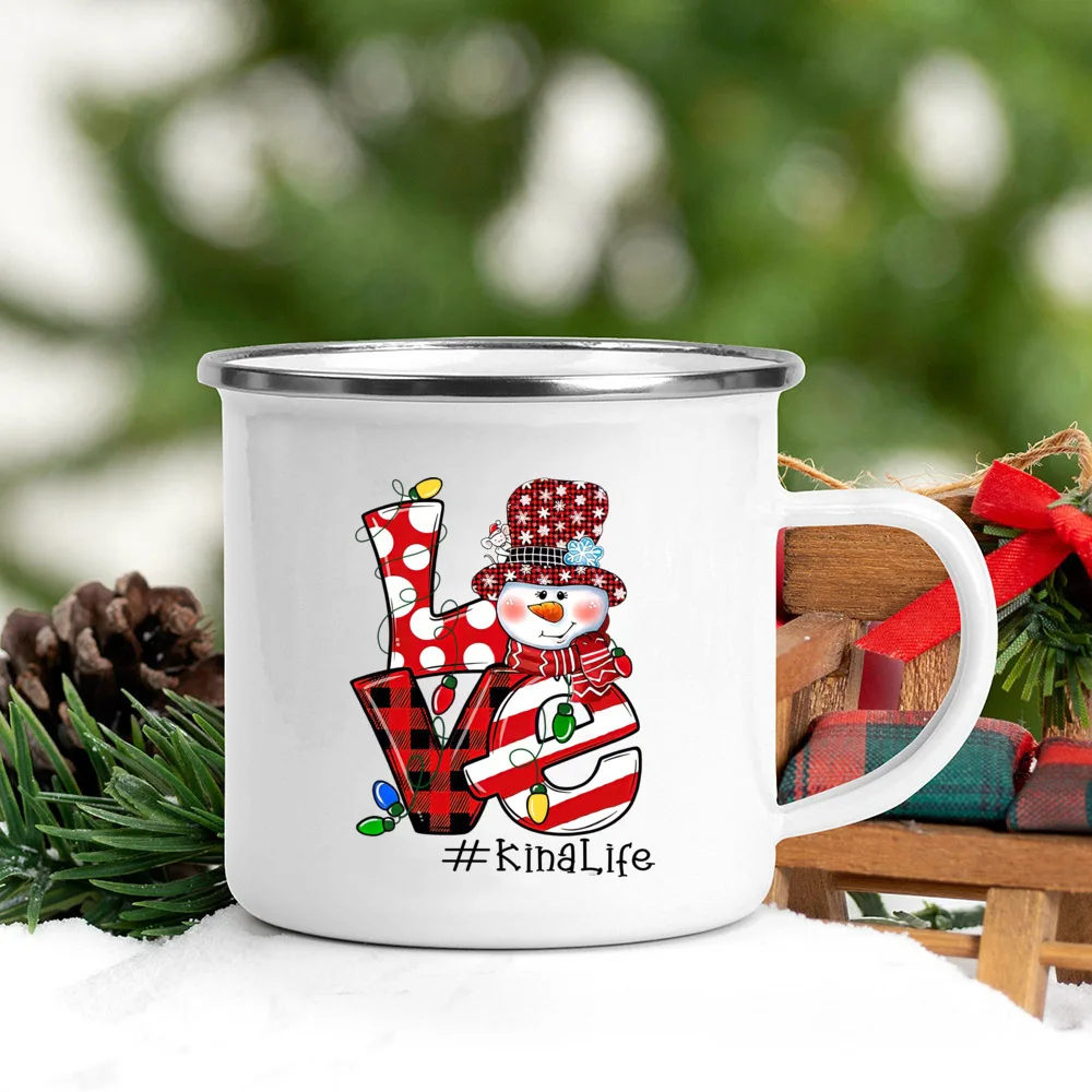 

Deer Snowmen Printed Coffee Mugs Xmas Drink Dessert Hot Cocoa Cup Enamel Mug Handle Drinkware Christmas Gifts for Family Friends