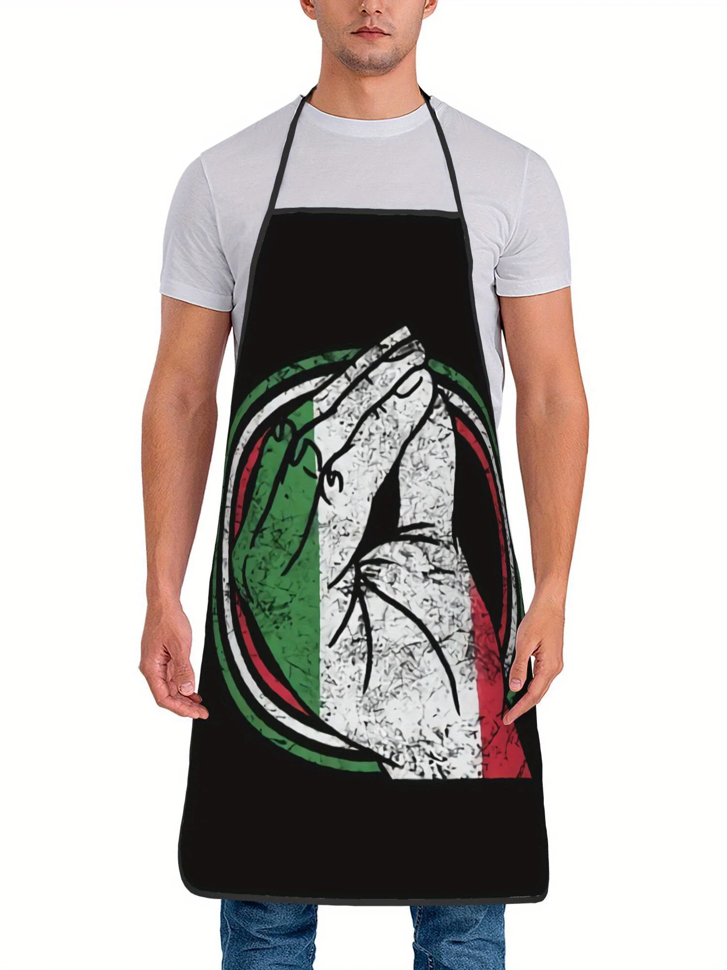 

Vintage Italian Sign Language Apron - Black with Green, White & Red Stripes and Hand Design Durable Kitchen & Restaurant Use