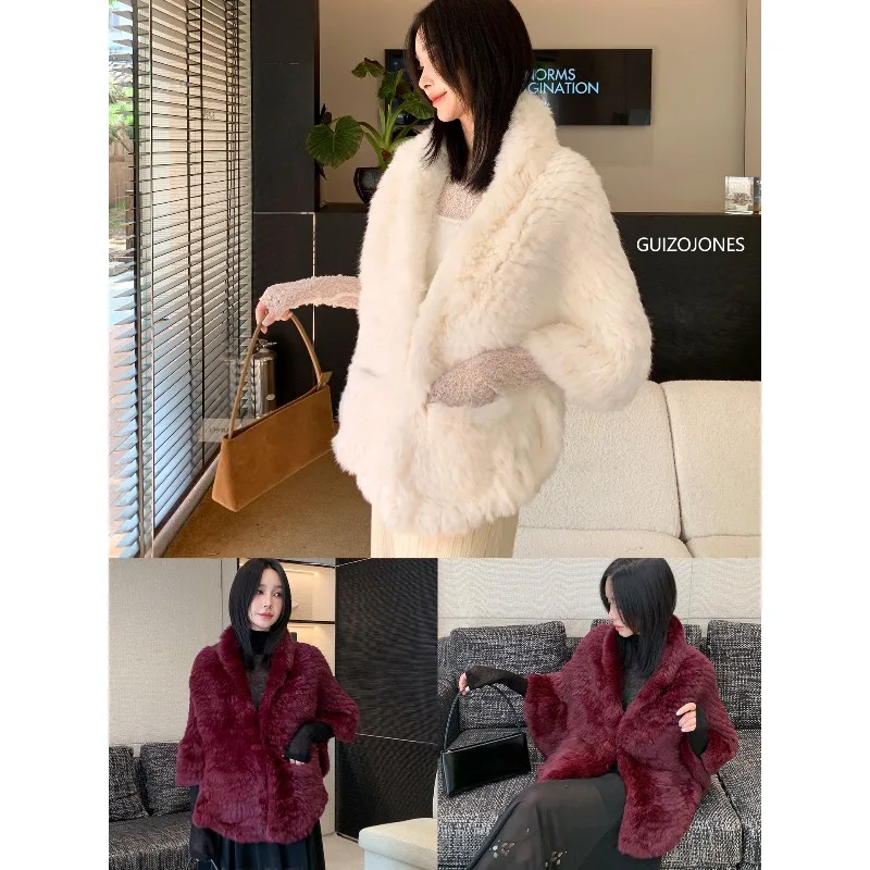 Double-sided rabbit fur woven fur ruffle edge large shawl, women's winter warm evening dress cape