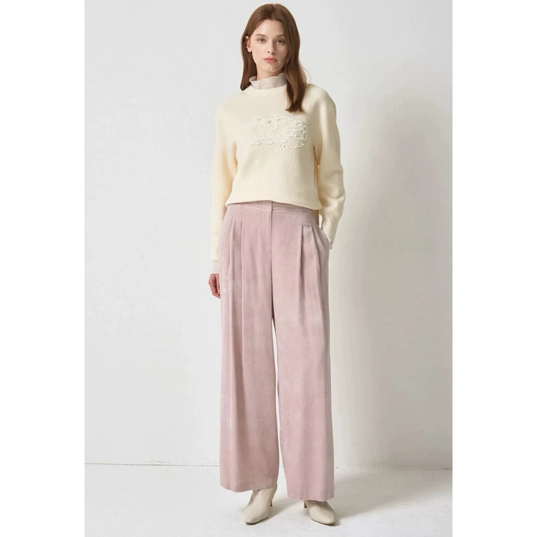 

NingYao MIN26 Spring Casual round Ne Beaded Floing Wool Knitted Sweater Versatile Straight Cut Commute Sle Women's Top