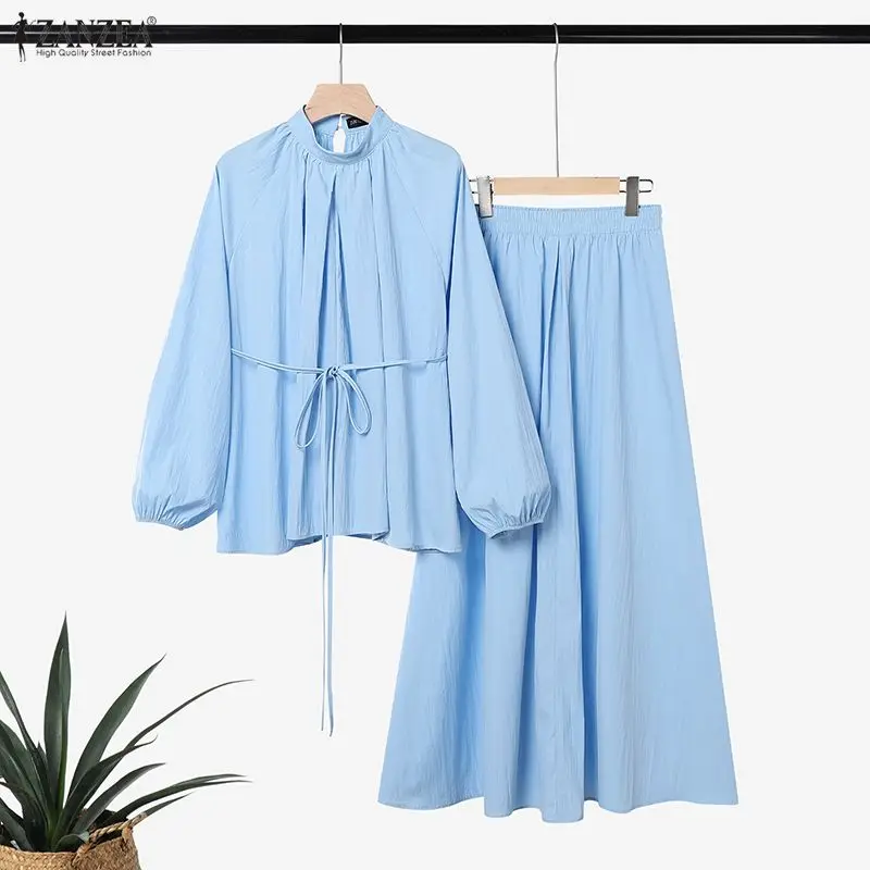 Fashion 2PCS ZANZEA Women Dress Sets Long Sleeve Tops Long Skirt Casual OL Work Two-piece Outfits Matching Sets Streetwear