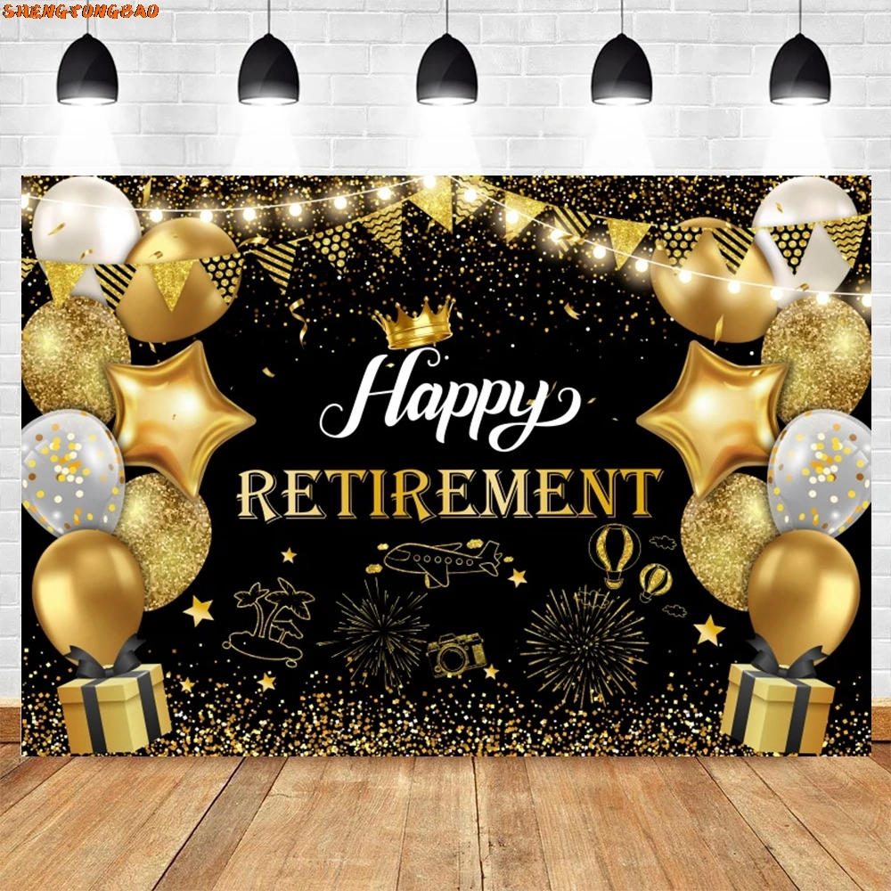 Happy Retirement Party Decoration Backdrop Gold Glitter Balloon Cheers Family Congratulation Photography Background Photo Studio