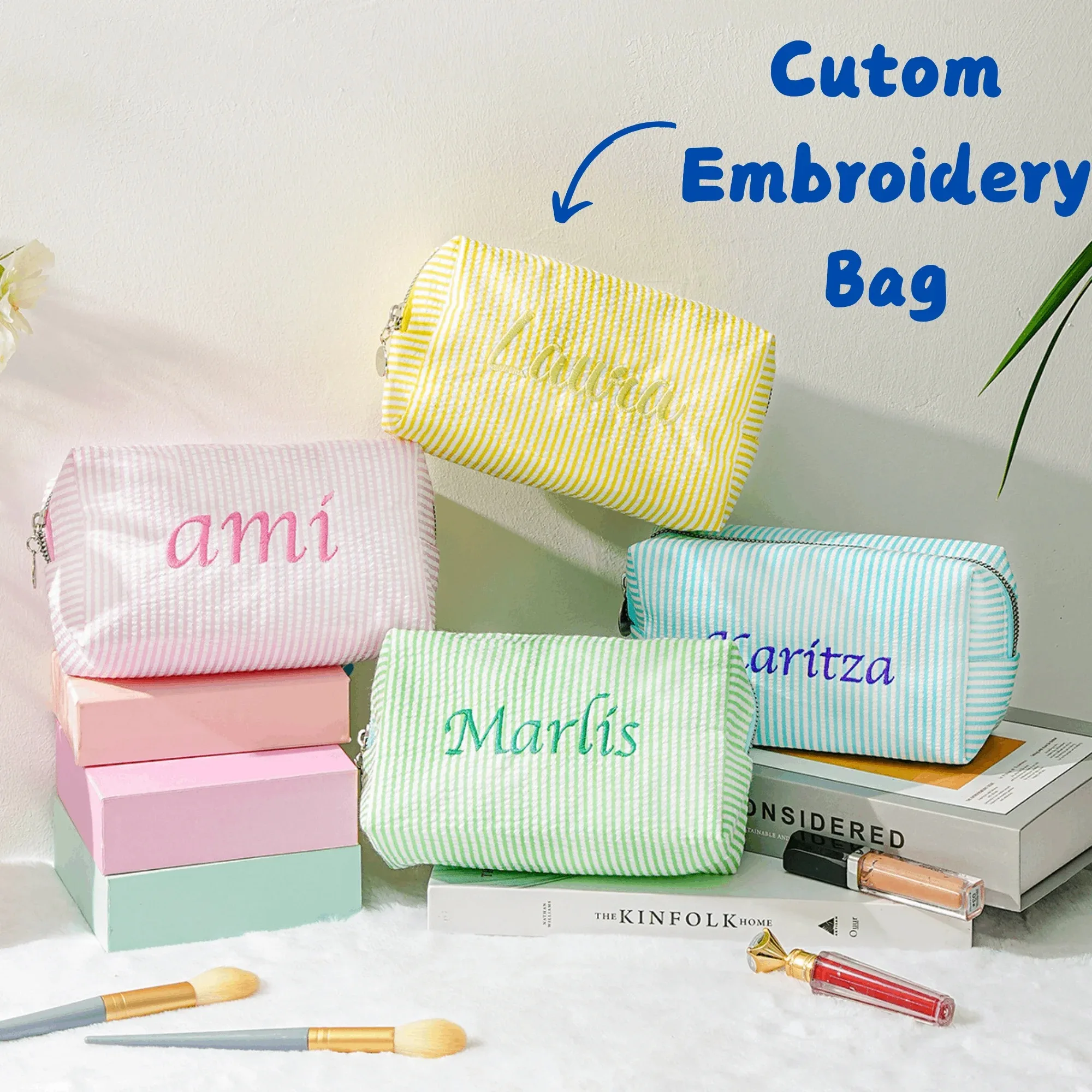 Custom Embroidered Striped Travel Toiletry Bag Personalized Cosmetic Portable Polyester Storage for Travel School Dorm or Home
