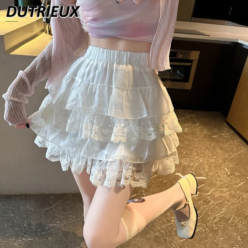 

Sweet Girls Lace Short Cake Skirt Women's Summer New Puffy Elastic High Waist Slimming A- Line Temperament Mini Skirts