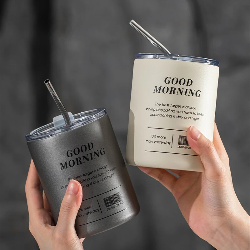 Exquisite Stainless Steel Coffee Cup Car Portable American Latte Straw Thermos Cup Office Anti-Scalding Heat Preservation Cup