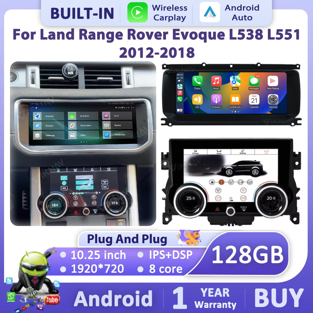 10.25”Android Radio and AC Panel For Land Rover Range Rover Evoque L538 2013-2017 Touch Screen Android Auto Carplay GPS Stereo
