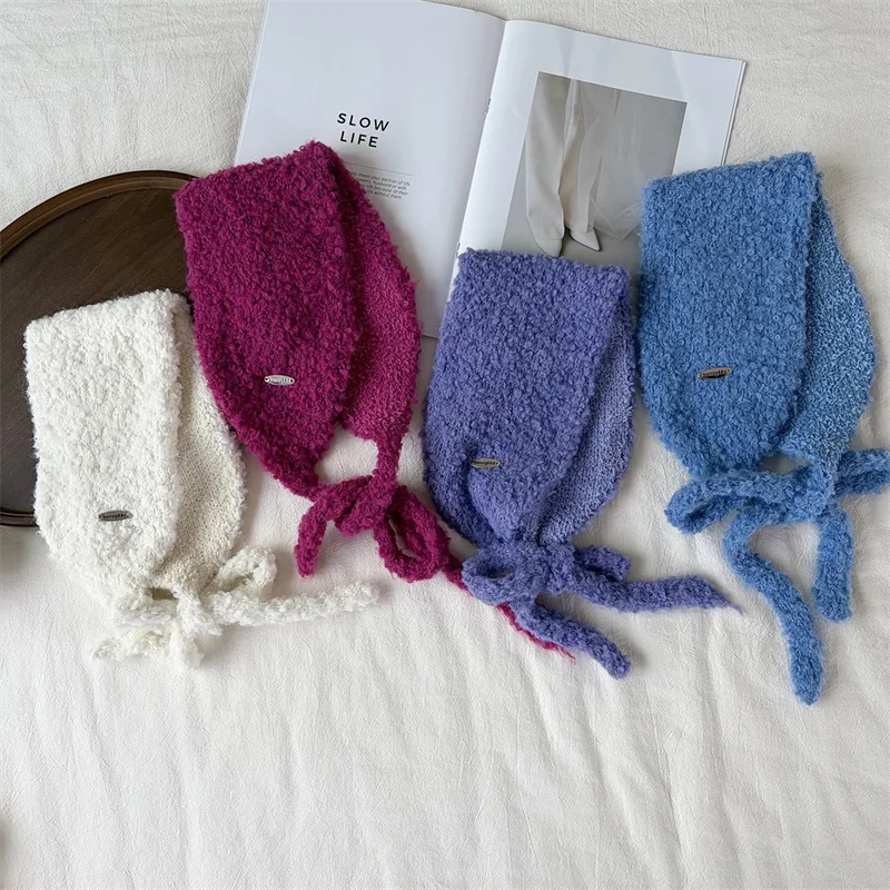 Korean-style Fuzzy Ear-warm Scarf, Solid Color Double-layer Warm Tie-on Neck Warmer, Versatile Cold-proof Knitted Ear Muffs 2026