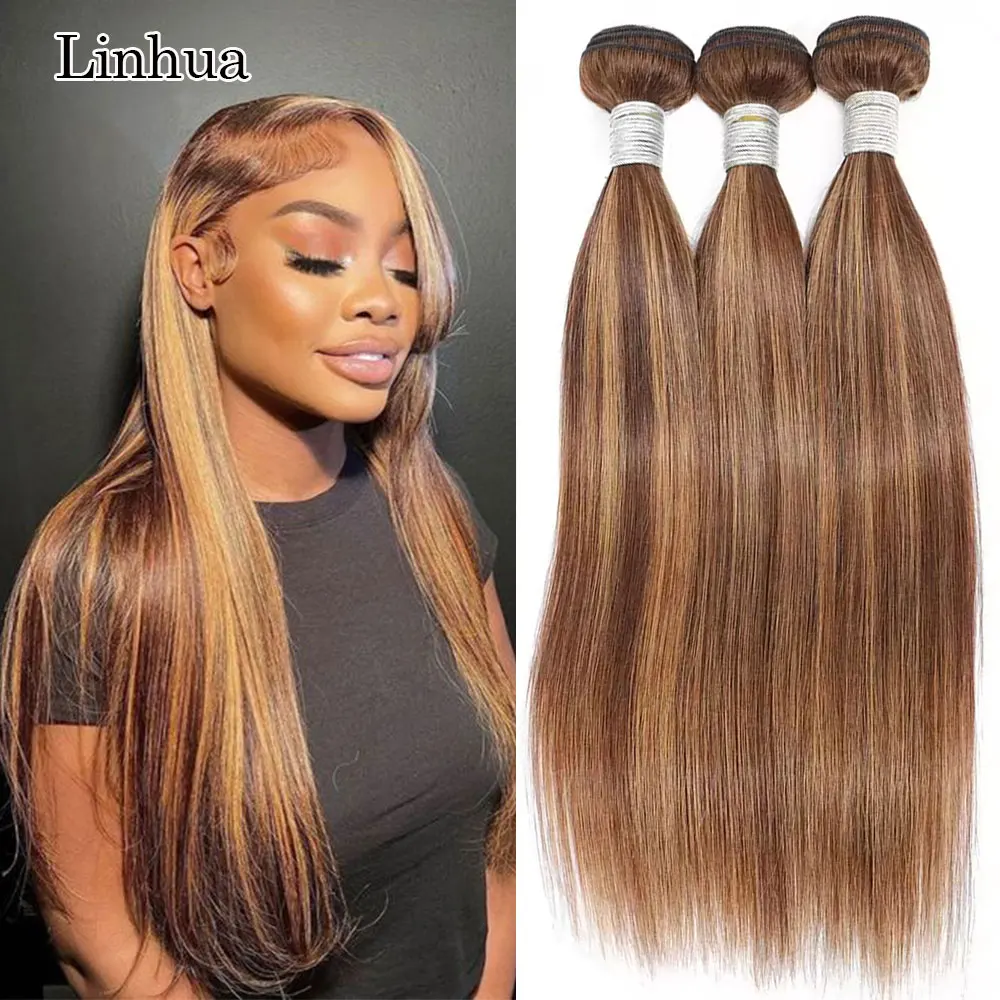 Linhua P4/27 Straight Human Hair Bundles 8 to 30 Inch 1 3 4 Bundles Highlight Ombre Brown Honey Blonde Straight Hair Weave Weft