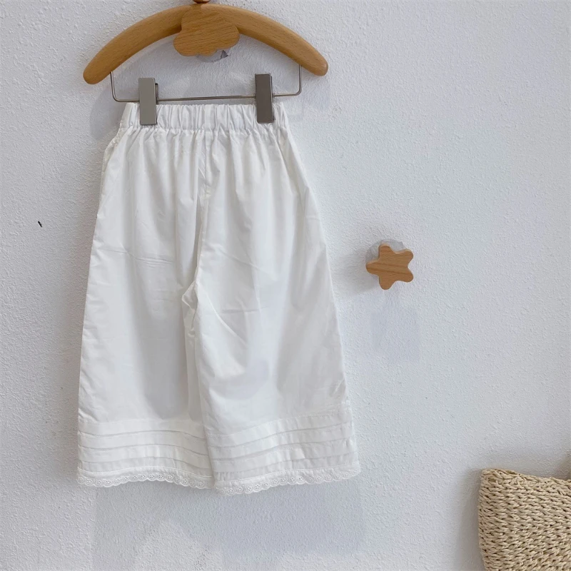 Pantalones de algodón antimosquitos para niña, pantalón de pierna ancha de nueve puntos, estilo coreano, encaje blanco recto, cómodo, activo, novedad de verano 2024