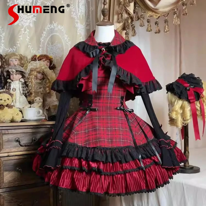 

Original Red Gothic Plaid Dresses Set for Women Autumn Winter Slim Fit Elegant Vintage Sling Dress Top Cape Set Vestidos Mujer