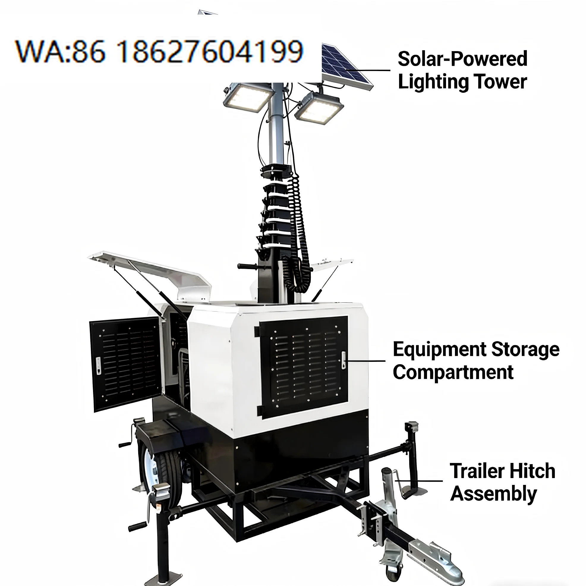 4x150W LED Solar Light Tower Trailer, 200Ah Gel Battery Off Grid System for Rural Emergency Electrification