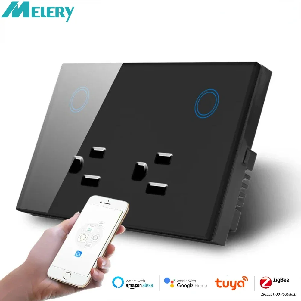 Melery Zigbee Tuya Smart US Electrical Monitoring Plug 16A Wall Socket Glass Panel Outlet Timing Remote by App Google Home Alexa