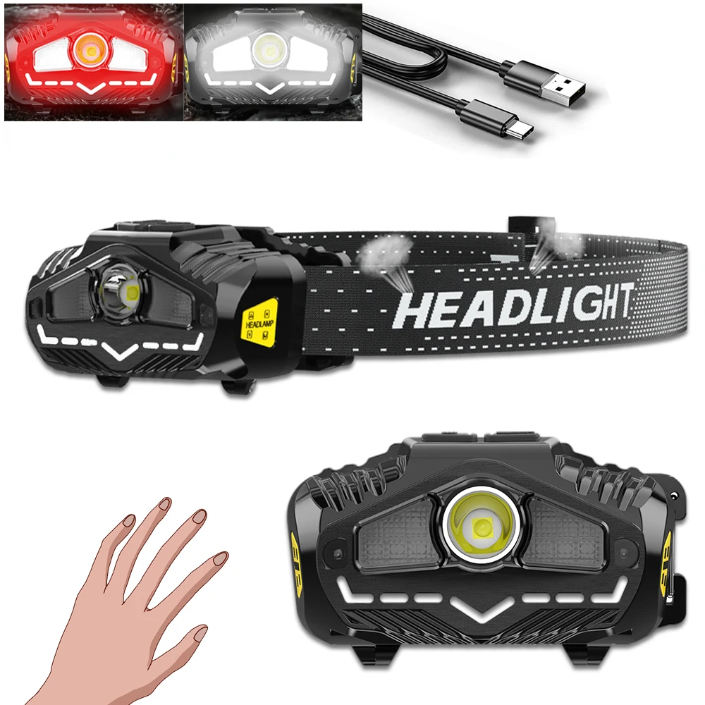 

XPG+COB Sensor Headlamp USB Rechargeable Headlight Red Warning Riding Light Waterproof Induction Wave Hand Head Flashlight Fish