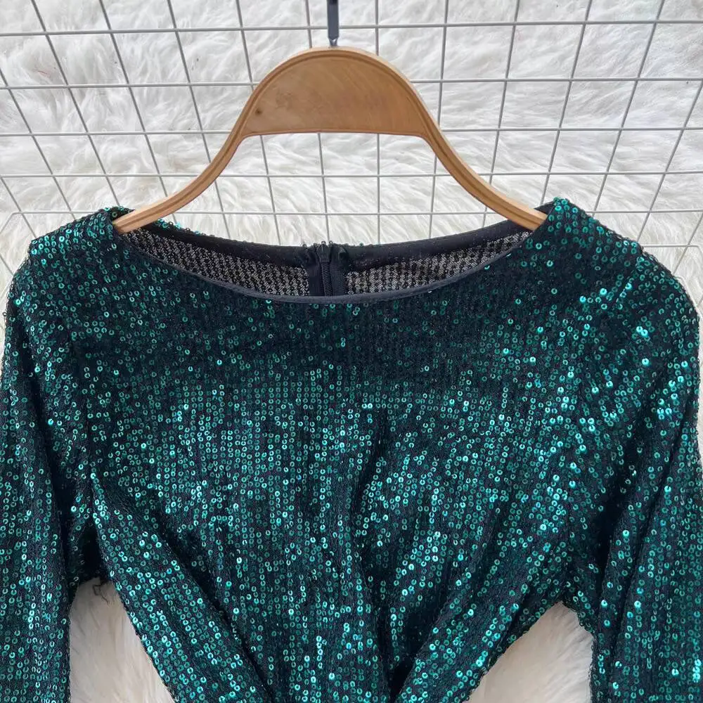 أنيقة خمر الترتر القطيفة طويلة الأكمام أنيقة الجنية الكورية أزياء الخريف فستان الشمس النساء الملابس